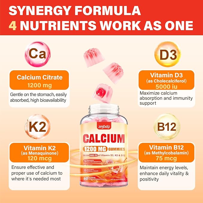 Calcium 1200 mg with Vitamin D3 Supplement for Adults - Calcium Gummies with Vitamin D3 5000IU, K2, B12 for Women Men - Extra Absorption Calcium Citrate - Natural Strawberry Flavor, 120 Gummies