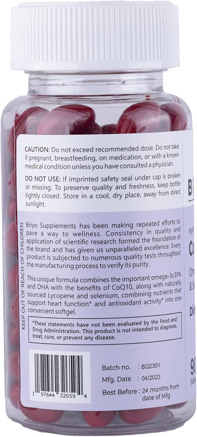 Briyo Highly absorbable CoQ10 100 mg Plus Omega-3 with Natural Form of Lycopene and Selenium, Heart Health Supplement (90 softgels)