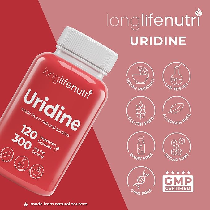 Uridine Monophosphate 300mg – Choline Precursor & Synaptic Function, Nootropic for Focus & Mental Performance, 120 Vegetarian Capsules, 4-Month Supply, GMP Certified, Made in USA