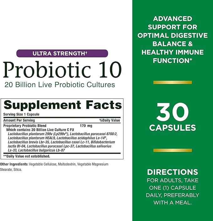 Nature's Bounty Ultra Strength Probiotic 10 Twin Pack, Immune and Upper Respiratory Health, 30 Count (Pack of 2)