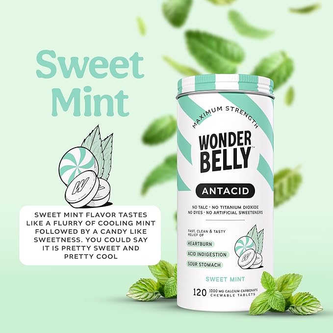 Wonderbelly Antacid, Effective Heartburn and Instant Acid Indigestion Relief, Extra Strength Chewable Tablets, 1000 mg Calcium Carbonate, No Talc or Dye, Sweet Mint, 120 Count