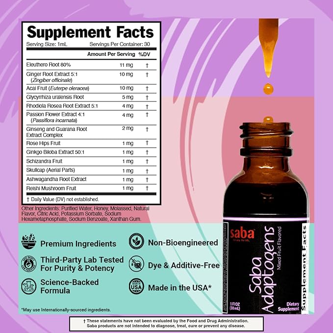 Saba Adaptogens - Super Concentrated - Eleuthero, Ginger, Rhodiola, Ginseng, Mushroom, Ginko, Acai - Supports Immune Response, Mood, Mental Performance & Fatigue -30 Servings