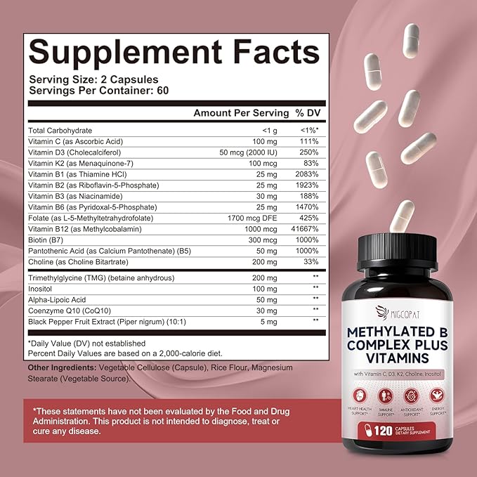 Methylated Multivitamin B-Complex with Vitamin C, D3, K2, Choline & Inositol – Active B12, B6 & Folate (L-5-MTHF) – Supports Energy, Nerve & Heart Health – CoQ10 & Alpha Lipoic Acid – 120 Capsules
