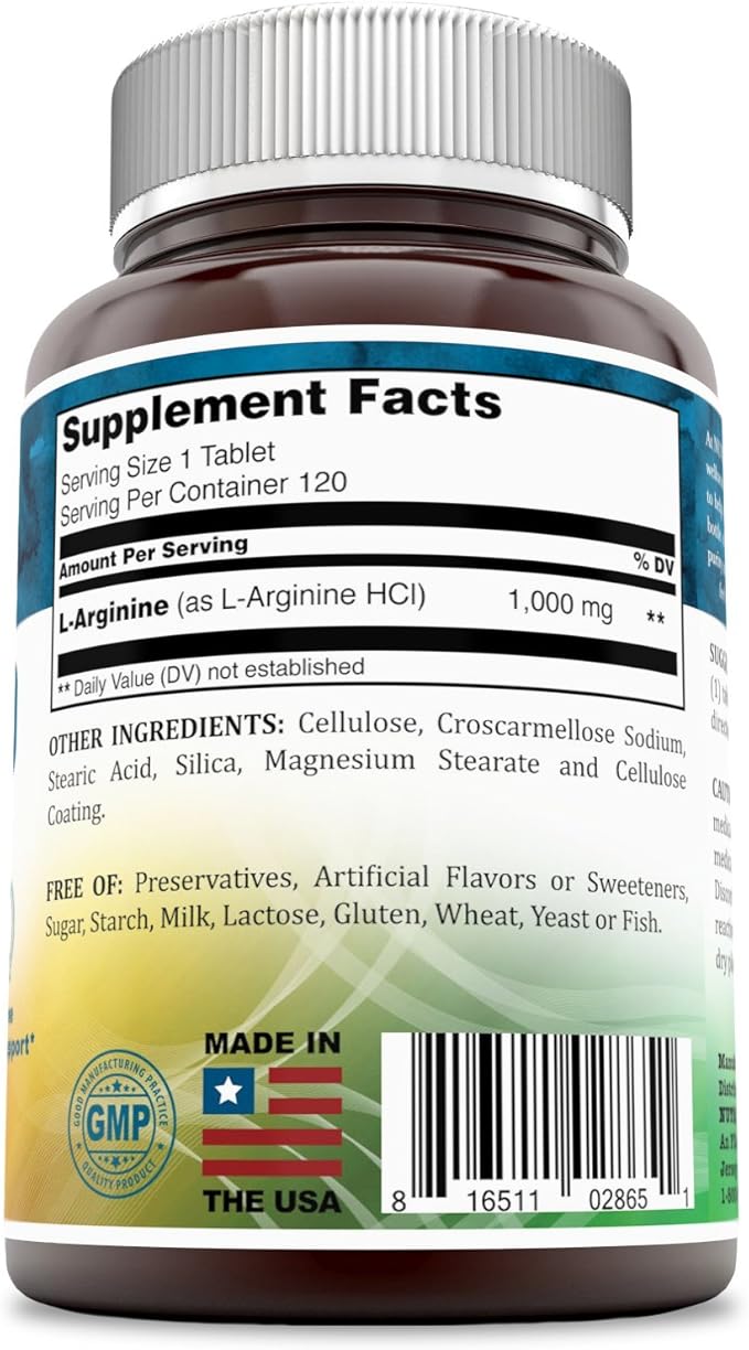 L-Arginine 1000 Mg 120 Tablets Dietary Supplement - Supports Cardiovascular Health - Supports Immune System Functions - Promotes Blood Circulation