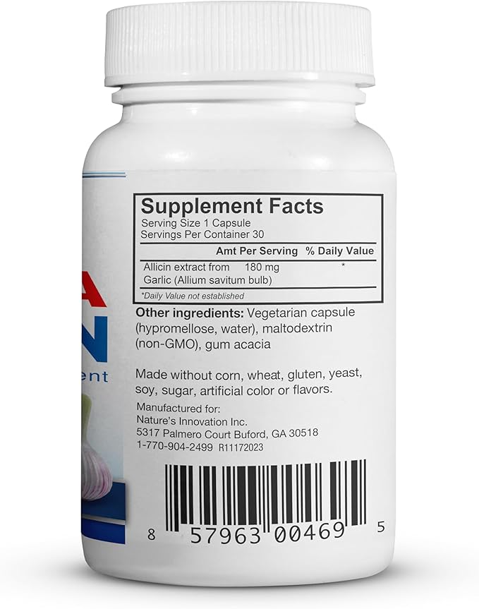 100% Pure Stabilized Allicin from Garlic Odor-Controlled | 180,000mcg (180mg) Vegetarian (vCAPS) Non-GMO, Gluten-Free | Derived from Allium Sativum by BuyNatrally (30 Count)
