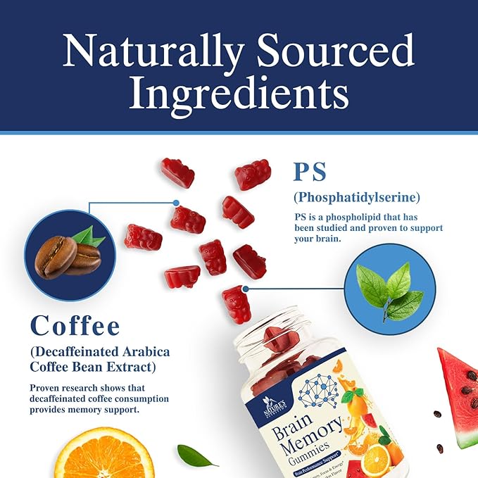 Brain Supplements for Memory, Focus, Concentration - Brain Gummy Vitamin Plus Nootropics, Phosphatidylserine, B6 & B12, Caffeine Free Nootropic, Clarity & Memory Support Supplement - 60 Gummies