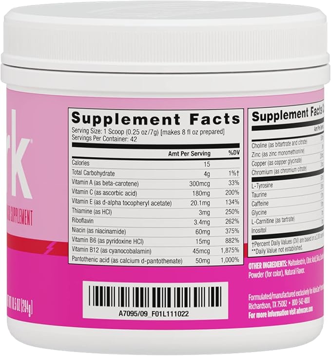 AdvoCare Spark Vitamin & Amino Acid Supplement - Focus & Energy Drink Powder Mix with Vitamin A, B-6, C & E - Also Includes L-Carnitine & L-Tyrosine - Pink Lemonade - 10.5 oz
