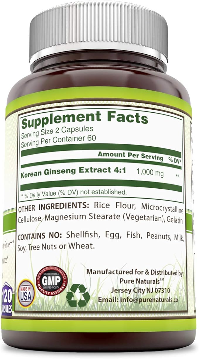 Pure Naturals Ginseng Complex - 1000mg per Serving, 120 Capsules Per Bottle - Supports Healthy Immune Function, Brain Health, Promotes Energy Performance and More