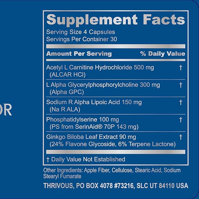 Thrivous Alpha - Enhance Brain & Nerve Function for Better Aging - Advanced Natural Nootropic Supplement: Alpha GPC, ALCAR, R Alpha Lipoic Acid, Ginkgo, SerinAid Phosphatidylserine - 120 Capsules