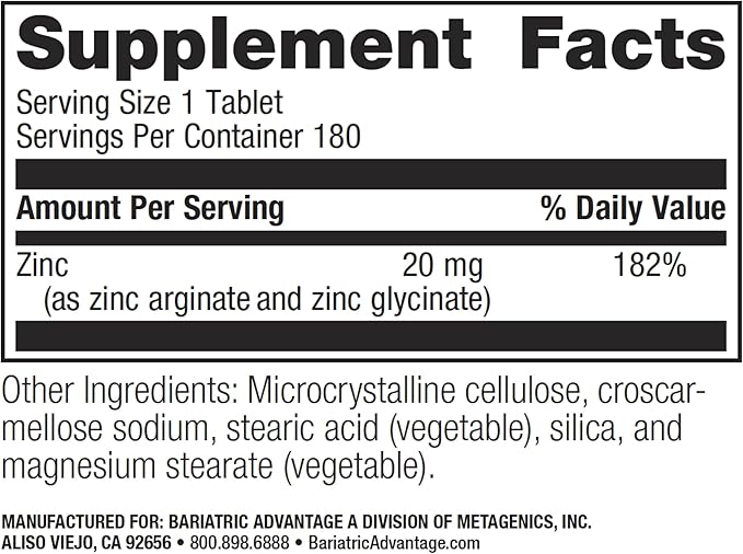 Bariatric Advantage Non Chewable Zinc Chelate, Highly Absorbable 20 mg Zinc Arginine and Zinc Glycine Tablets for Bariatric Surgery Patients - 180 Tablets