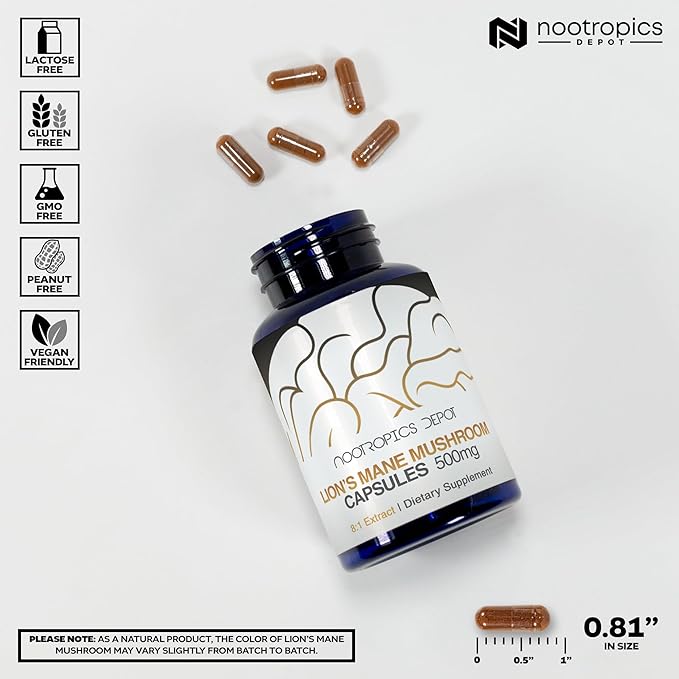 Nootropics Depot Lions Mane Mushroom Capsules | 8:1 Whole Fruiting Body Dual Extract | 500mg | 60 Count | Hericium erinaceus