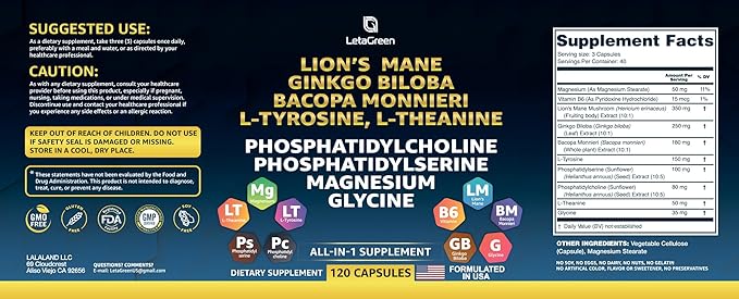 Organic Lions Mane Supplement Capsules - 120 Real Mushrooms Lion's Mane Capsules with Ginkgo Biloba Herb, Bacopa Monnieri - Nootropics Brain Support - Lion Mane Mushroom Supplement