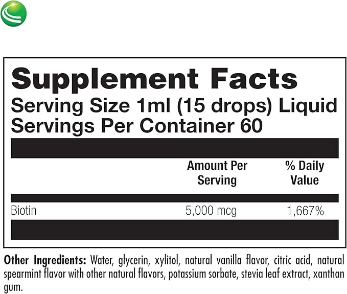 Nutra BioGenesis Biotin 5000 - Liquid Biotin Drops for Hair Skin and Nails, Pure Supplement for Women and Men, 5000mcg Per Serving - 2 Fl Oz (59 mL) Glass Bottle