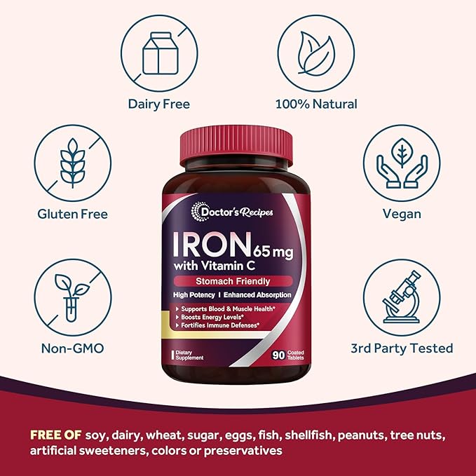 Doctor's Recipes Iron Supplement 65 mg with Vitamin C - Maximized Absorption & Stomach Friendly Iron Pills for Red Blood Cells Formation, Heart, Brain & Immunity Health - Vegan Non-GMO 90 Iron Tablets
