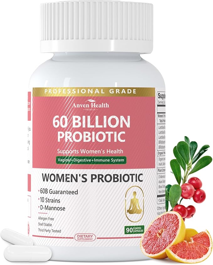Probiotics for Women Digestive Health - 60 Billion Vaginal Probiotic Organic Prebiotics with Cranberry & D-Mannose for Gut, Urinary, Immune Health, Vegan & Non-GMO | 90 Capsules