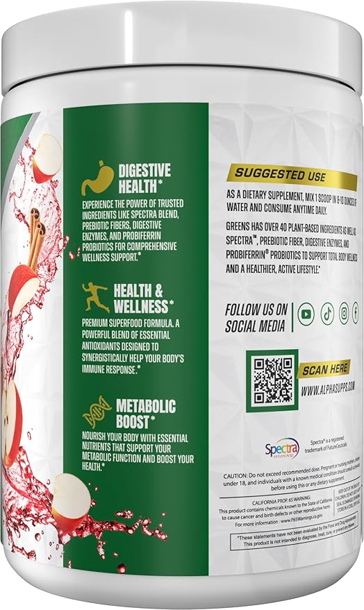 Alpha Greens Supplement | Fruit & Vegetable Superfood Powder | Over 40 Natural Plant Based Ingredients | Prebiotic & Probiotic Digestive Support Blend - 30 Servings (Apple Cinnamon)