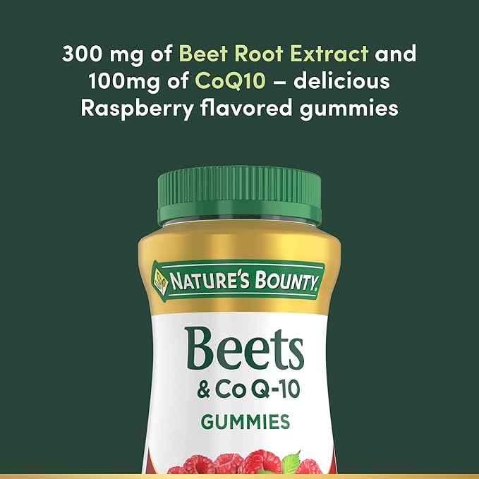 Nature's Bounty Beets & Co Q-10 Gummies for Heart Health, Coenzyme Q10, Beet Root Extract, Supports Healthy Circulation and Heart Function, Cellular Energy Production, Raspberry Flavor, 60 Gummies