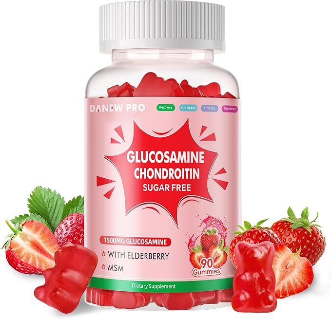 Glucosamine Chondroitin Gummies with MSM & Elderberry Extra Strength - Joint Support, Antioxidant Immune Support Supplement for Adults, Men & Women.90 Strawberry Gummies