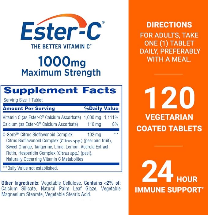 Ester-C Vitamin C 1000 mg Coated Tablets, 120 Count, Immune System Booster, Stomach-Friendly Supplement, Gluten-Free (Pack of 2)