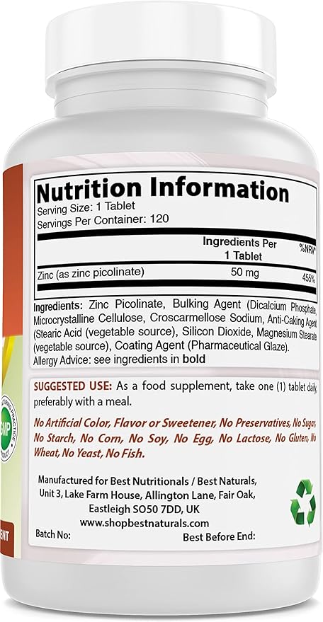 Best Naturals Zinc 50mg Supplements (as Zinc Picolinate) - Zinc Vitamins for Adults Immune Support - 120 Tablets (120 Count (Pack of 1))