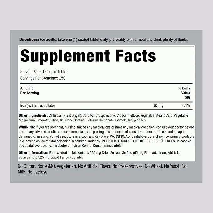 Piping Rock Iron Ferrous Sulfate 65 mg | 250 Tablets | Iron Supplement | High Potency Formula | Vegetarian, Non-GMO, Gluten Free