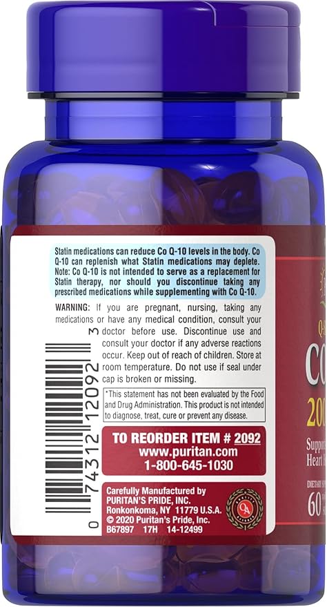 Puritan's Pride Q-Sorb Co Q-10 200 mg, Antioxidant, Heart Health and Cardiovascular Support, Energy booster, 60 Rapid Release Softgels