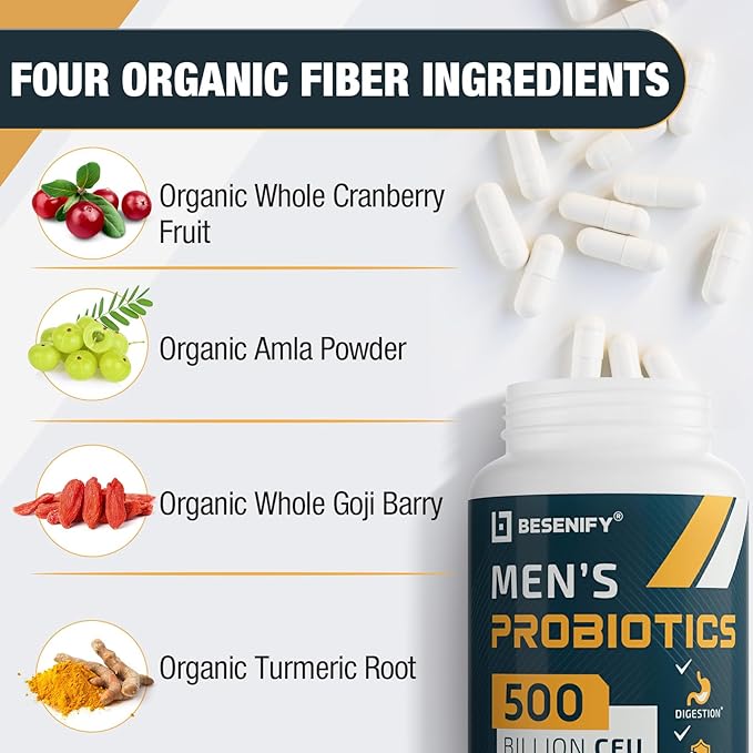Probiotics for Men, 500 Billion CFUs & 12 Strains, Men's Probiotic with Turmeric, Cranberry, Goji, Pro Biotics for Overall Digestive, Immune Health, Stomach, Gut & Bloating, 60 Capsules