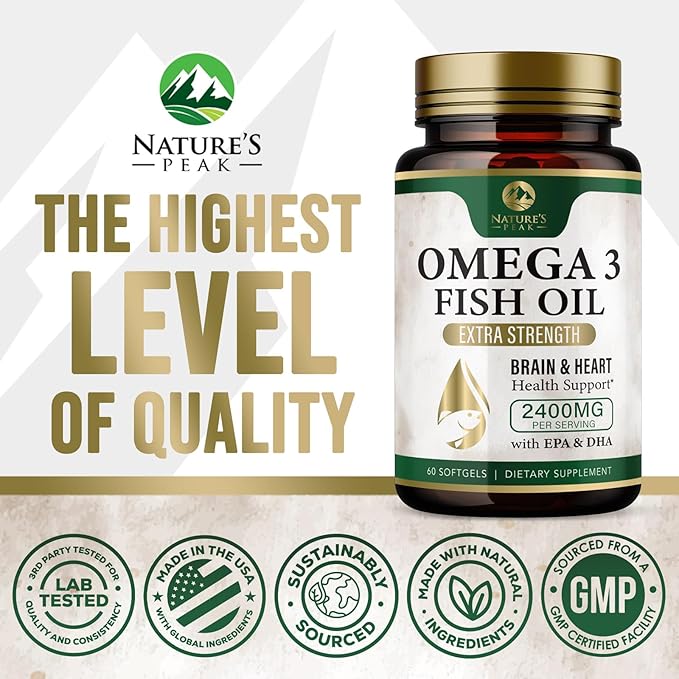 Nature's Peak Fish Oil 2400 mg - Triple Strength Fish Oil Supplement, Omega 3 w/EPA & DHA Fatty Acids for Healthy Heart Support, Burpless Omega 3 Supplements, 30 Day Supply - 60 Softgels