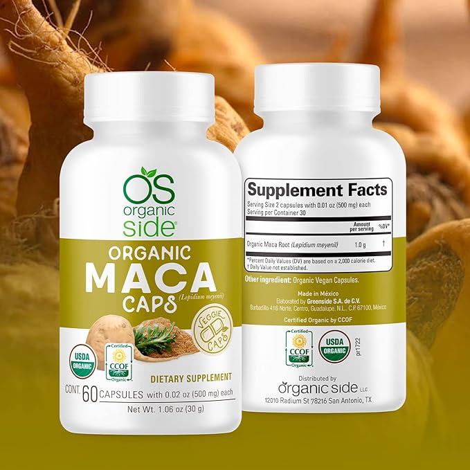 Organic Side | Maca Capsules | USDA Certified Organic, Non-GMO, Vegan | 60 Capsules for Energy | Hormone Balance, and Vitality | Natural Supplement