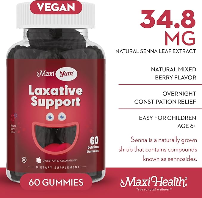 Maxi Health Laxative Gummies, 60's - Chewable Vegan Gummy, Adults and Kids Ages 6 and Up - All-Natural Laxative with Senokot Extract and Mixed Natural Fruit Flavors (Berry, 60 Count)