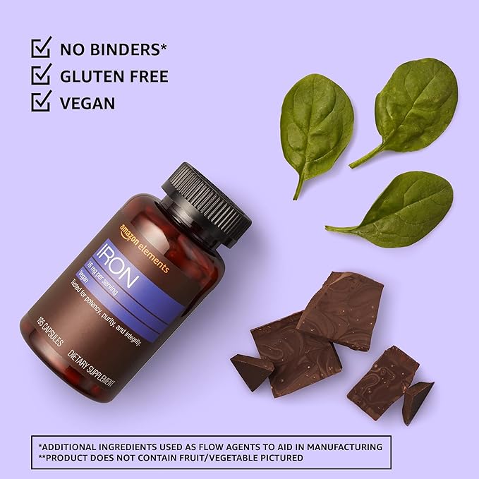 Amazon Elements Iron 18mg Capsules, Supports Red Blood Cell Production, Vegan, 195 Count, 6 month supply (Packaging may vary)