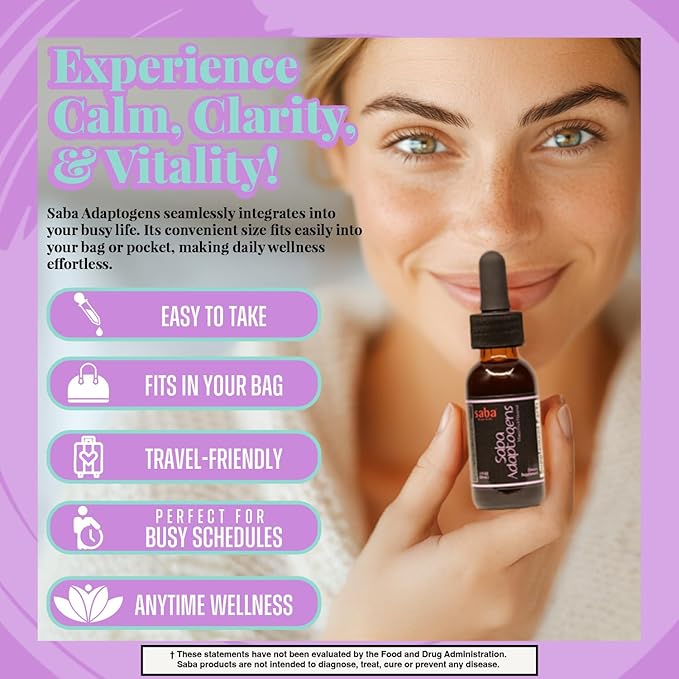 Saba Adaptogens - Super Concentrated - Eleuthero, Ginger, Rhodiola, Ginseng, Mushroom, Ginko, Acai - Supports Immune Response, Mood, Mental Performance & Fatigue -30 Servings