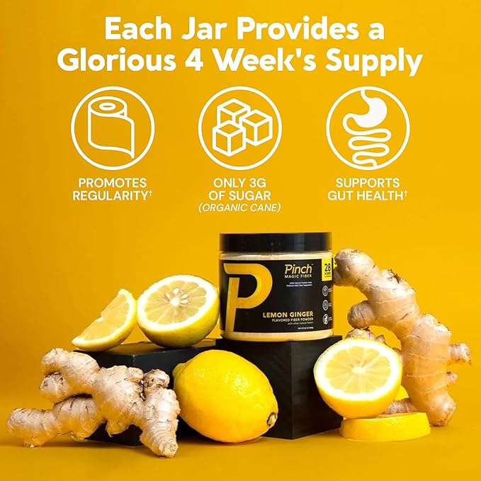 Pinch Magic Fiber Supplement Powder | Lemon Ginger Flavored Psyllium Husk Powder for Digestive Health & Gut Support | Low Sugar Supplement for Keto & Vegan Diets | USA-Made | 28-Day Supply
