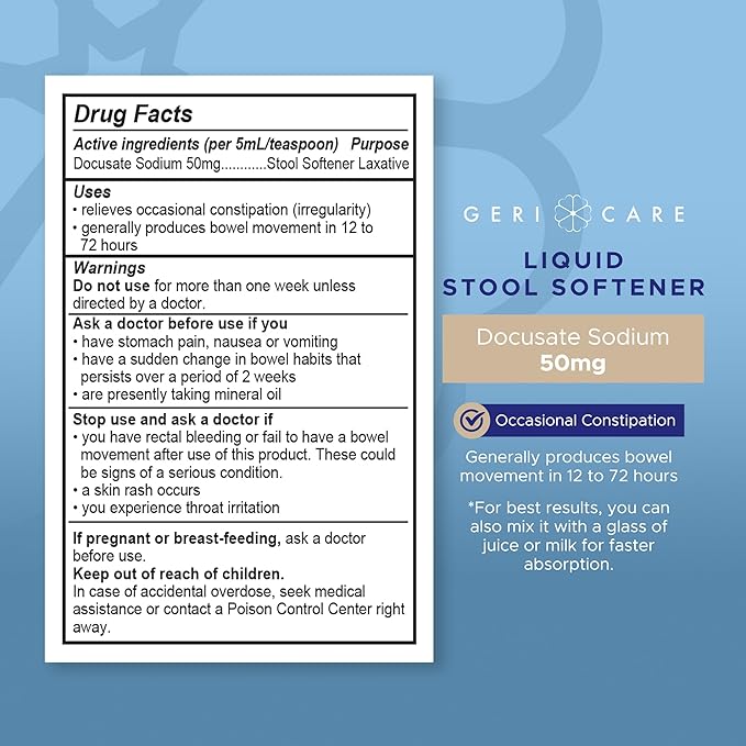 Docusate Sodium Liquid Stool Softener by GeriCare- Gentle Stimulant Laxative Liquid for Men & Women- Quick Constipation Relief Aid- Adults Daily Bowel Movement Laxative- Cherry-Flavored (16 fl oz)