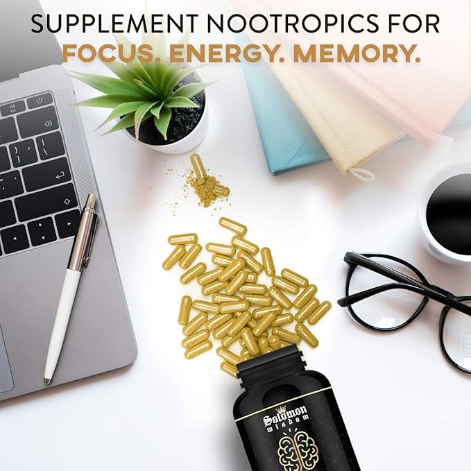 SOLOMON WISDOM Brain Booster – Nootropic Dietary Supplement for Memory Boost – 60 All-Natural Capsules to Enhance Focus & Improve Concentration & Clarity