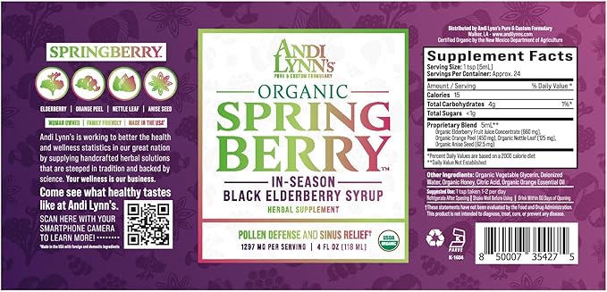 Andi Lynn’s SpringBerry, Organic Black Elderberry Syrup, Pollen Defense & Sinus Relief for Seasonal Allergies, Herbal Immune Support Supplement for Kids & Adults, 4 oz