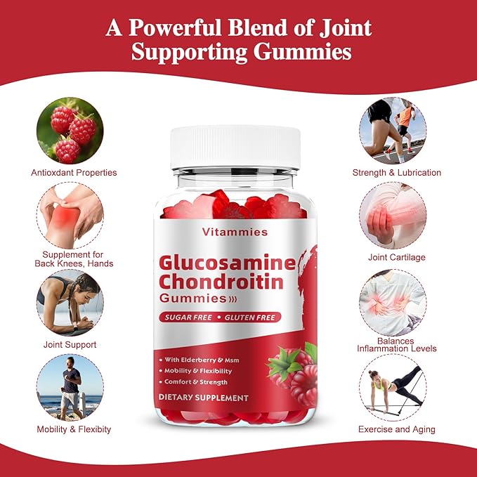Glucosamine Chondroitin Gummies with MSM & Elderberry Extra Strength - Joint Support, Antioxidant Immune Support Supplement for Adults, Men & Women Minerals, coenzyme Q10, DHA - 60 Raspberry Gummies
