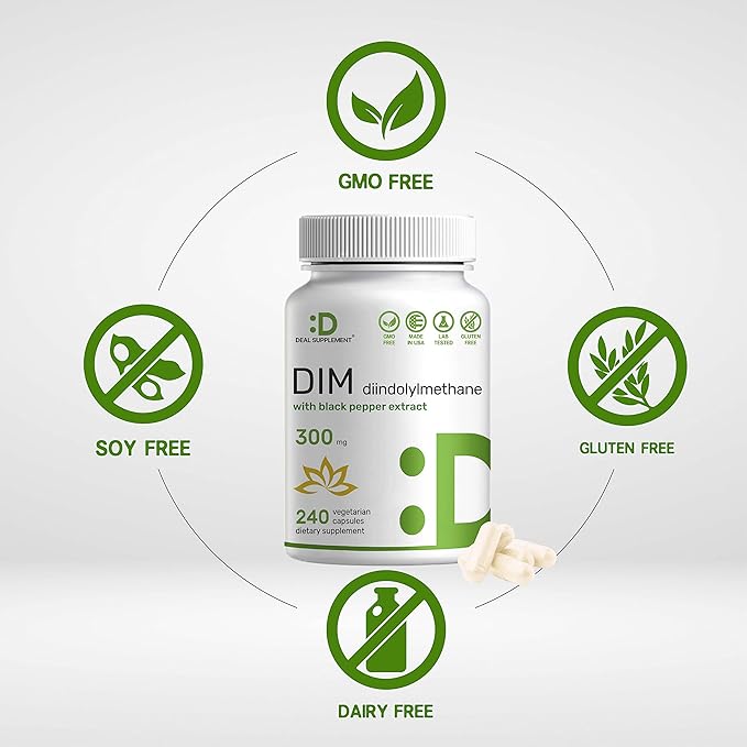 DIM Supplement 300mg, 240 Caps, 4 Months Supply | Estrogen Balance for Men & Women | Diindolylmethane Plus Black Pepper Extract for Enhanced Absorption | Hormonal & Skin Health Support
