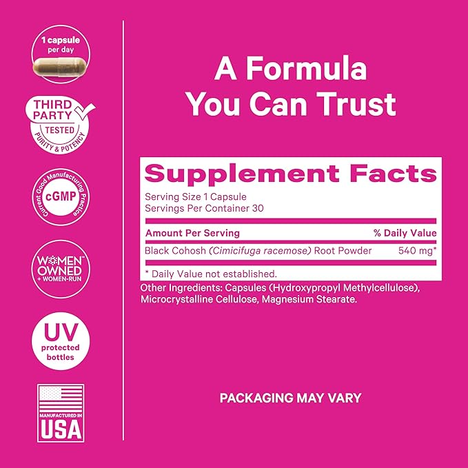Pink Stork Black Cohosh Supplements for Women - 540 mg Pure Black Cohosh for Perimenopause, Menopause Support- 30 Capsules