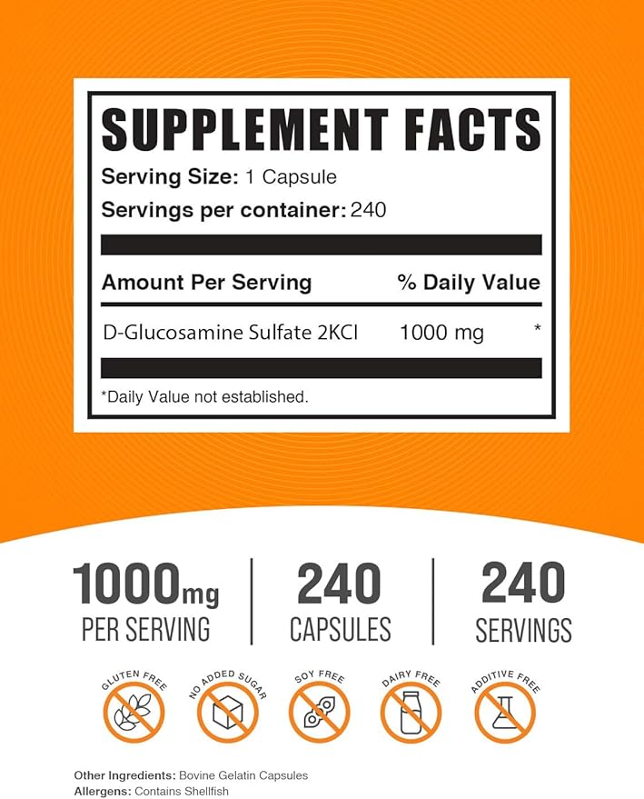 BulkSupplements.com Glucosamine Sulfate Capsules - Glucosamine Supplement, for Joint Support - Glucosamine Sulfate 1000mg, Gluten Free, 1 Capsule per Serving, 240 Capsules (Pack of 1)