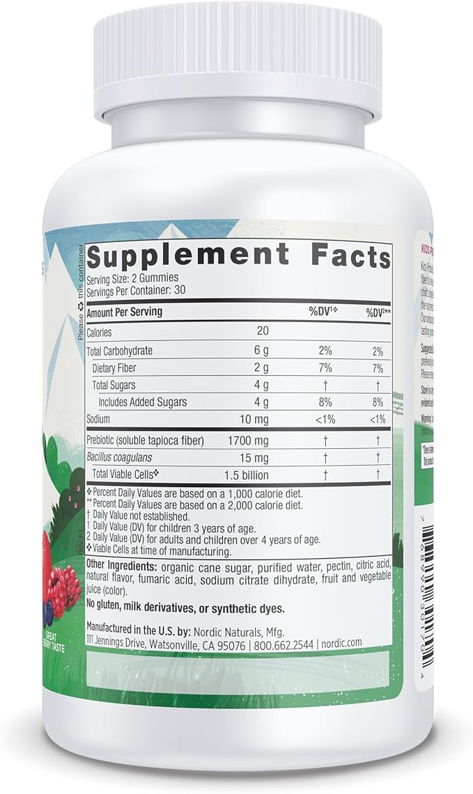 Nordic Naturals Kids Nordic Flora Probiotic Gummies, Merry Berry Punch - 60 Gummies - 1.5 Billion CFU & Prebiotic Fiber - Non-GMO, Vegan - 30 Servings