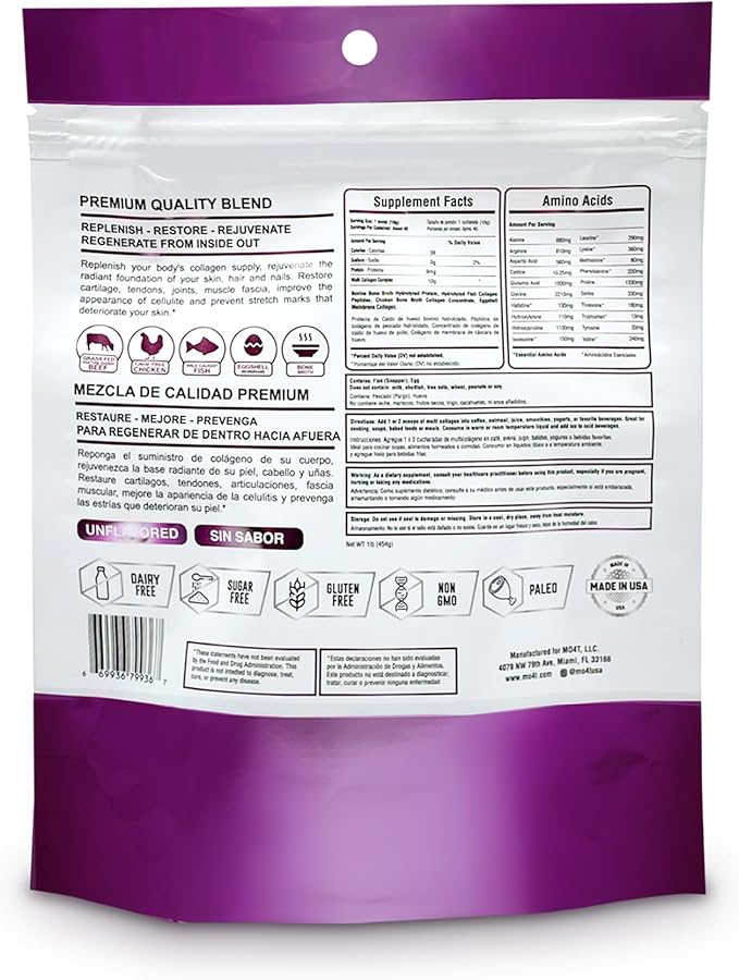 MO4T Hydrolyzed Multi Collagen Powder -Collagen Protein- Collagen Peptides-Type 1,2,3,5,10 -Sugar-Free, (1 Pound) Hair, Skin & Nail, Paleo & Keto, Non-GMO