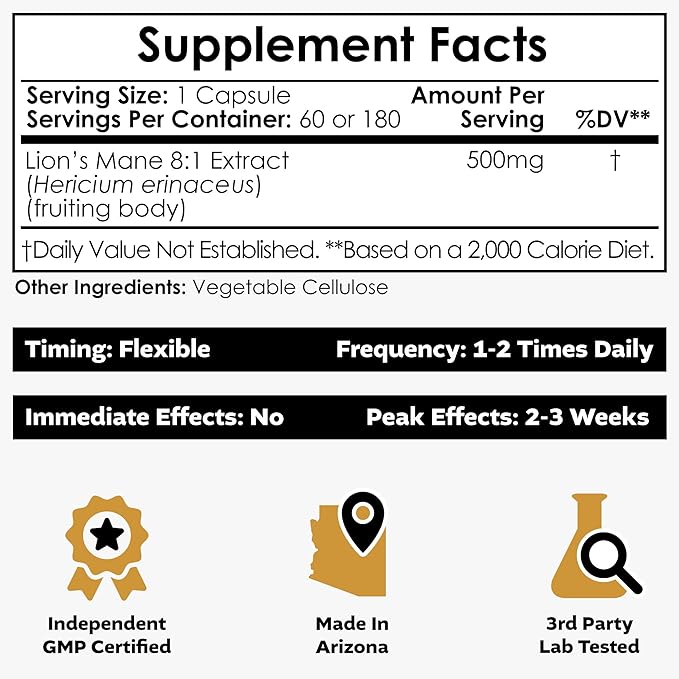 Nootropics Depot Lions Mane Mushroom Capsules | 8:1 Whole Fruiting Body Dual Extract | 500mg | 60 Count | Hericium erinaceus