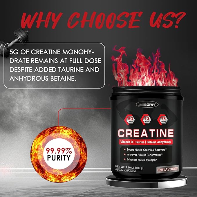 ZEBORA Micronized Creatine Monohydrate Powder, Creatine Monohydrate for Women-Men, Helps Muscle Recovery, Enhances Muscle Size & Strength with 5G Creatine and 1G Taurine, 75 Servings