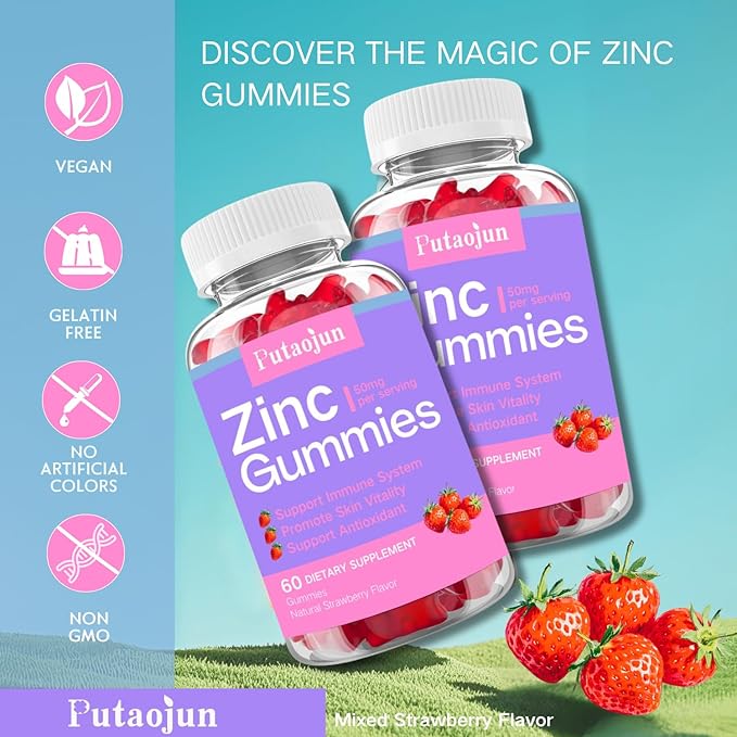 Zinc Gummies for Kids & Adults - Immune Support, High Absorption Vitamin C & Zinc Supplement, Natural Strawberry Flavor, Sugar Free, Vegan - 60 Count