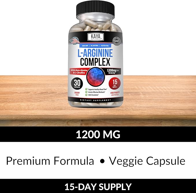 Kaya Naturals - L-Arginine All-Natural Herbal Supplement for Maximum Health Benefits | Pre-Workout | Energy | Improved Nighttime Performance | - 60 Capsules