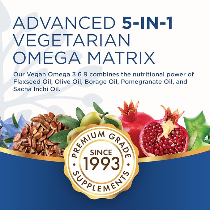 Purity Products Omega 3-6-9 Vegan and Vegetarian Formula - “5 in 1” Essential Fatty Acid Complex - Scientifically Formulated Plant-Based Omega 3 6 9 Essential Fatty Acids (EFA) - from (60)