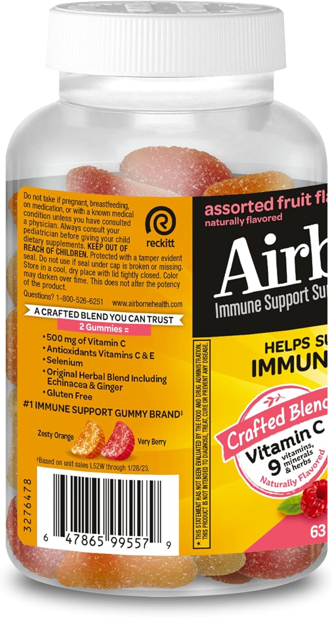 Airborne Vitamin C 500mg (per Serving) - Assorted Fruit Flavored Kids Gummies (63 Count in a Bottle), Gluten-Free Immune Support Supplement with Vitamins C E, Selenium