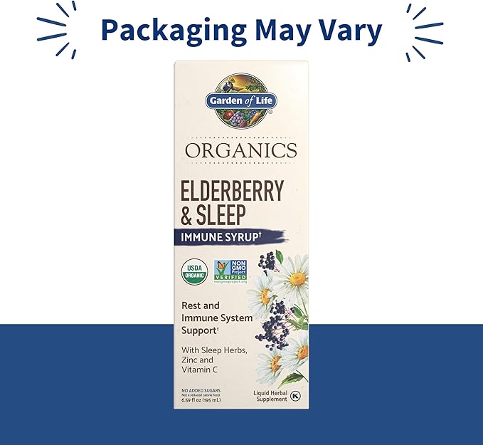 Garden of Life Organics Elderberry & Sleep Immune Syrup - Immune Support for Adults and Kids 12 and Older with Zinc and Vitamin C, Organic Liquid with Sleep Herbs, No Added Sugars, 6.59 fl oz