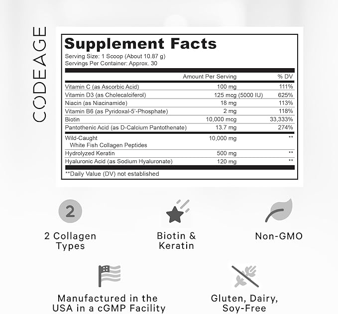 Codeage Marine Collagen Protein Powder Supplement Platinum - Biotin 10,000 mcg, Vitamin C, D3 & B6, Keratin, Hyaluronic Acid, Niacin, Wild Caught Hydrolyzed Fish Collagen Peptides - Non-GMO - 11.50 oz
